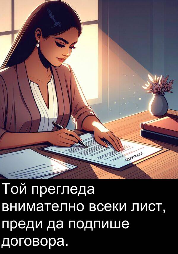 преди: Той прегледа внимателно всеки лист, преди да подпише договора.