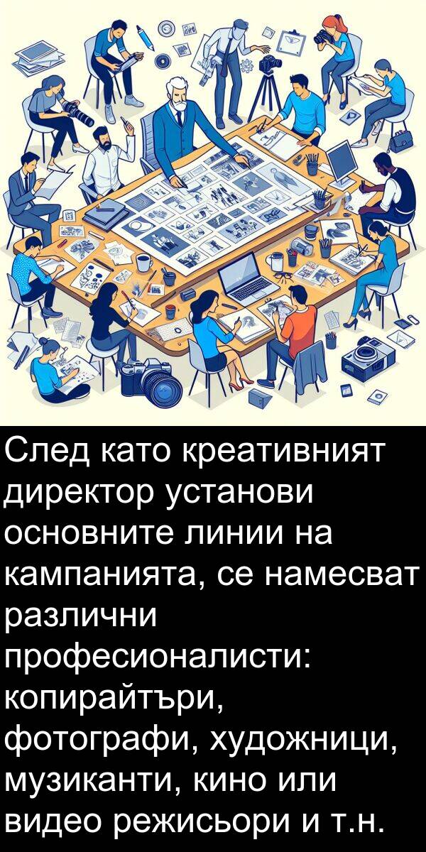 основните: След като креативният директор установи основните линии на кампанията, се намесват различни професионалисти: копирайтъри, фотографи, художници, музиканти, кино или видео режисьори и т.н.
