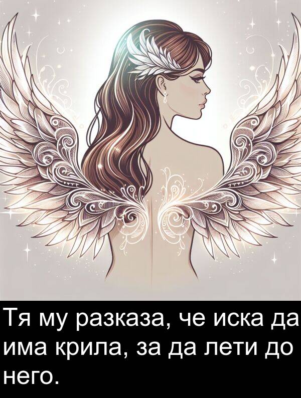 лети: Тя му разказа, че иска да има крила, за да лети до него.