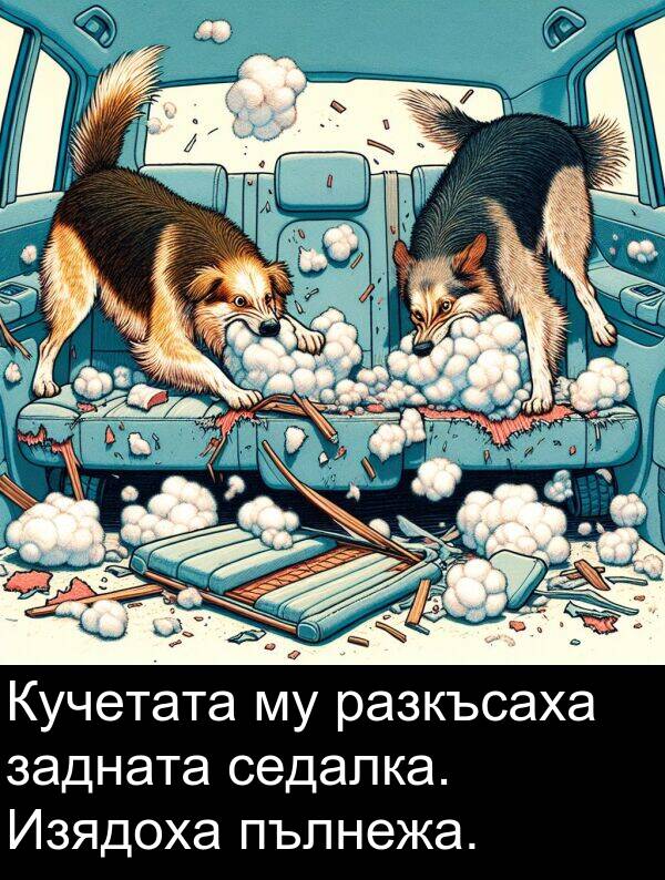 пълнежа: Кучетата му разкъсаха задната седалка. Изядоха пълнежа.
