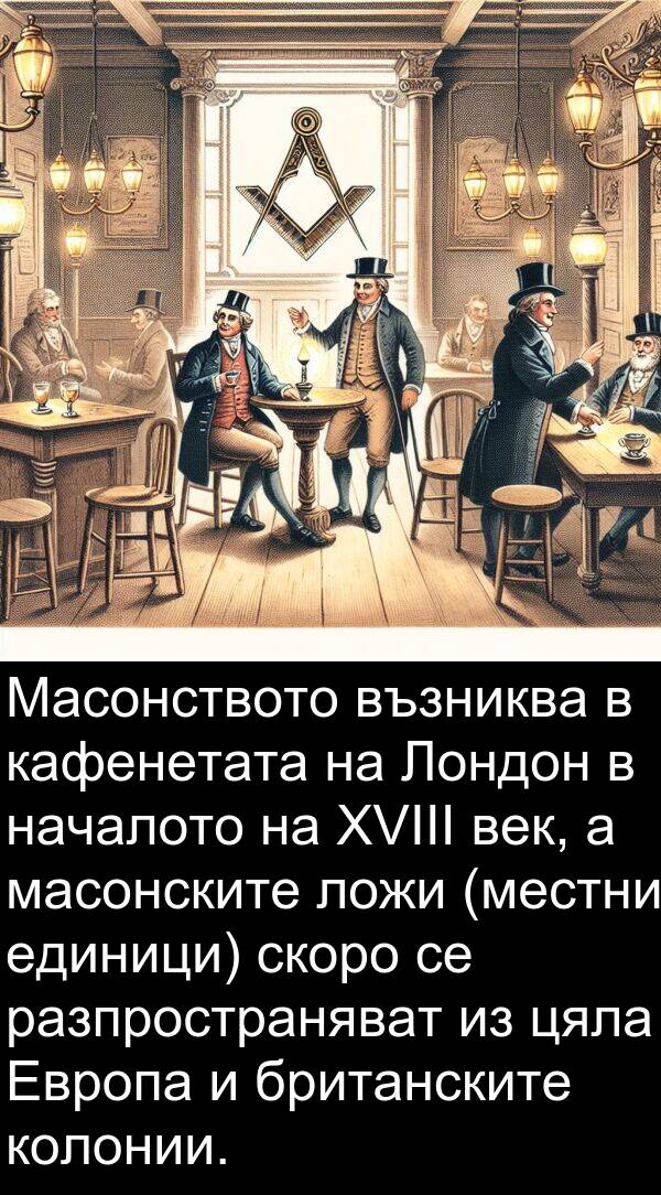 единици: Масонството възниква в кафенетата на Лондон в началото на XVIII век, а масонските ложи (местни единици) скоро се разпространяват из цяла Европа и британските колонии.