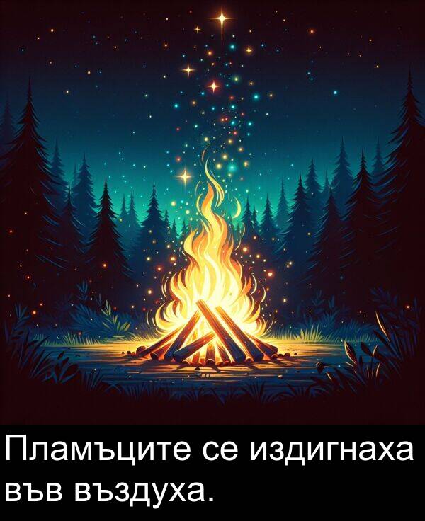 издигнаха: Пламъците се издигнаха във въздуха.