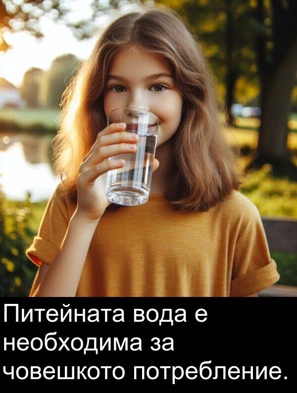 потребление: Питейната вода е необходима за човешкото потребление.