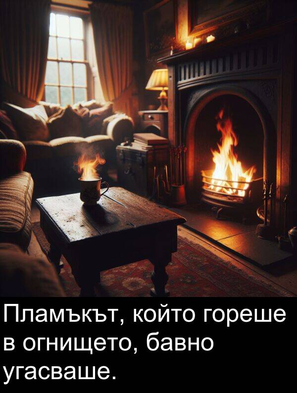 угасваше: Пламъкът, който гореше в огнището, бавно угасваше.