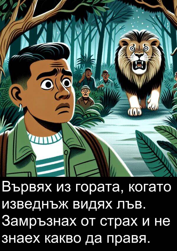 изведнъж: Вървях из гората, когато изведнъж видях лъв. Замръзнах от страх и не знаех какво да правя.