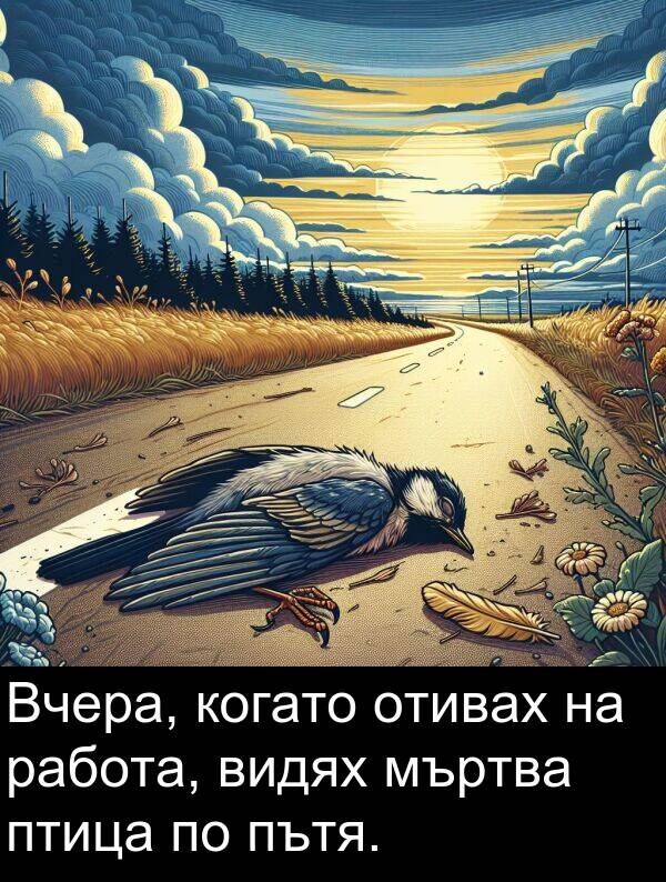 работа: Вчера, когато отивах на работа, видях мъртва птица по пътя.