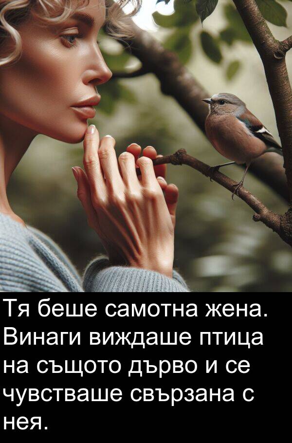 самотна: Тя беше самотна жена. Винаги виждаше птица на същото дърво и се чувстваше свързана с нея.
