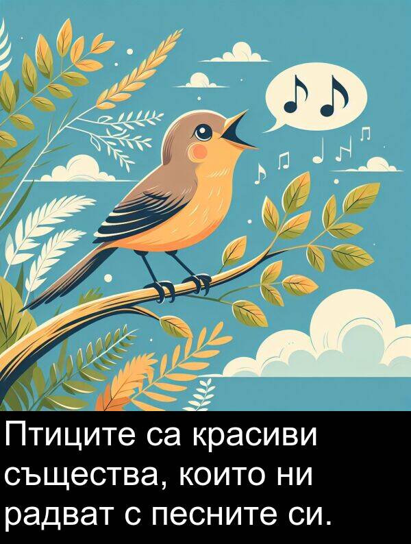 радват: Птиците са красиви същества, които ни радват с песните си.