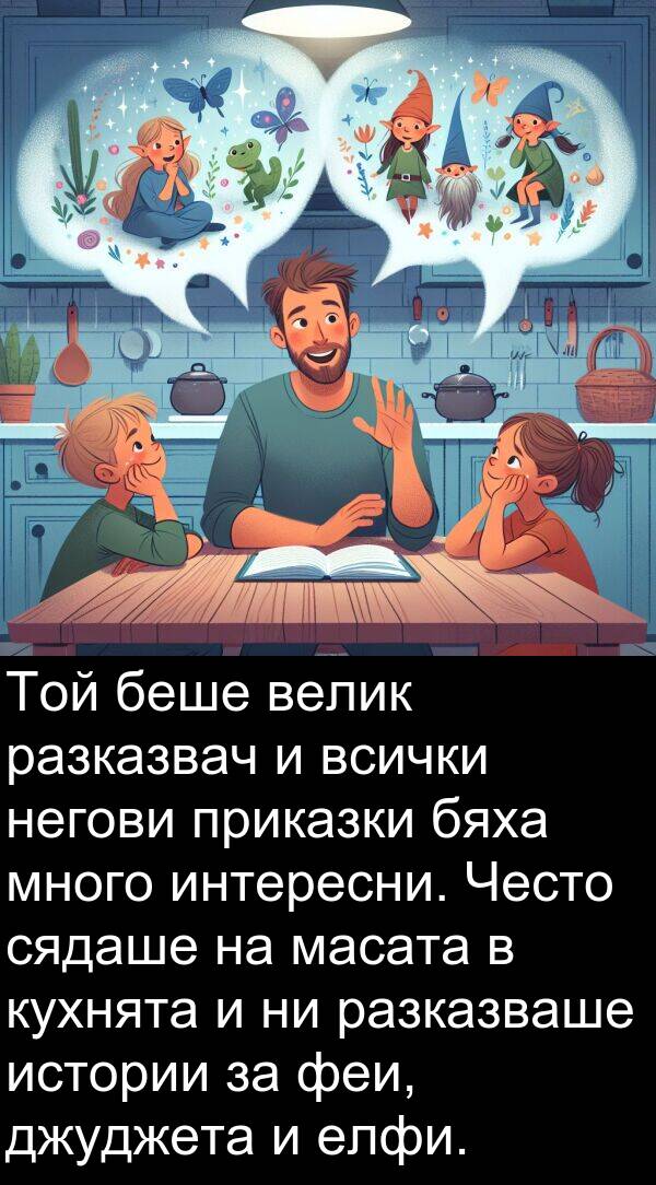 масата: Той беше велик разказвач и всички негови приказки бяха много интересни. Често сядаше на масата в кухнята и ни разказваше истории за феи, джуджета и елфи.