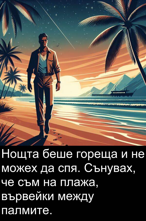 палмите: Нощта беше гореща и не можех да спя. Сънувах, че съм на плажа, вървейки между палмите.
