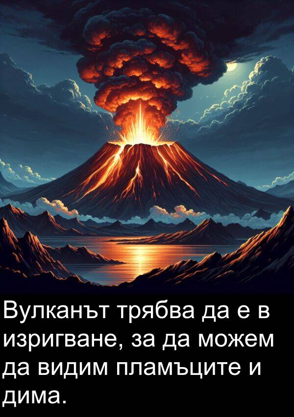 можем: Вулканът трябва да е в изригване, за да можем да видим пламъците и дима.