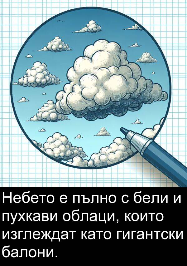 балони: Небето е пълно с бели и пухкави облаци, които изглеждат като гигантски балони.