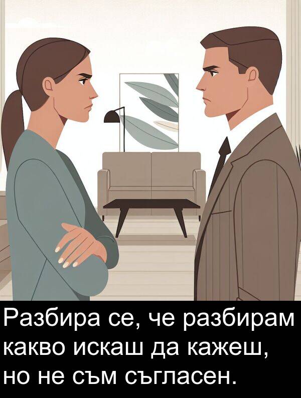 разбирам: Разбира се, че разбирам какво искаш да кажеш, но не съм съгласен.