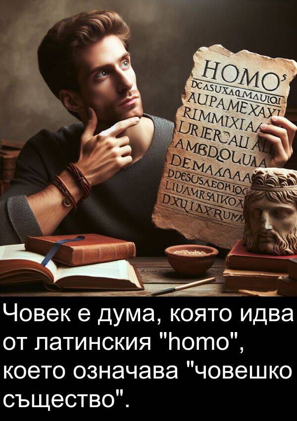 латинския: Човек е дума, която идва от латинския "homo", което означава "човешко същество".