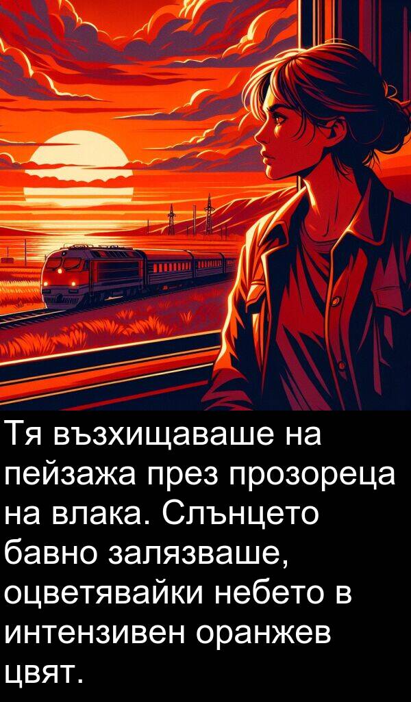 бавно: Тя възхищаваше на пейзажа през прозореца на влака. Слънцето бавно залязваше, оцветявайки небето в интензивен оранжев цвят.