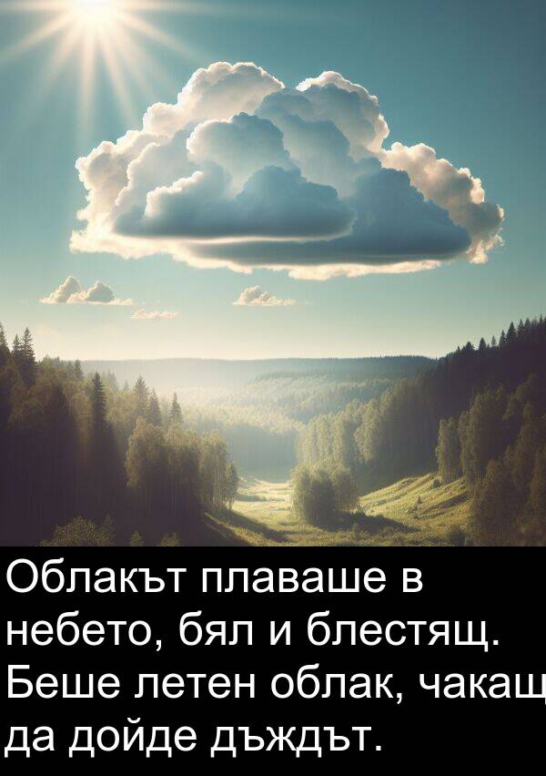 чакащ: Облакът плаваше в небето, бял и блестящ. Беше летен облак, чакащ да дойде дъждът.