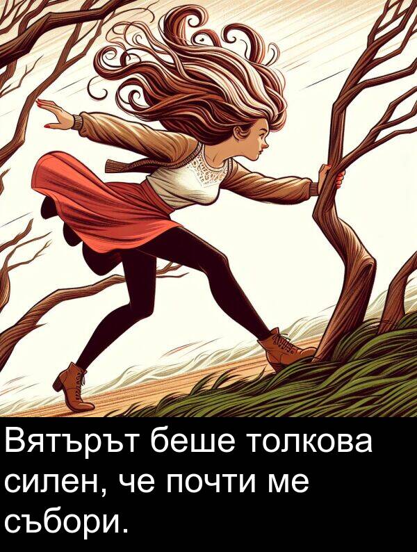 събори: Вятърът беше толкова силен, че почти ме събори.