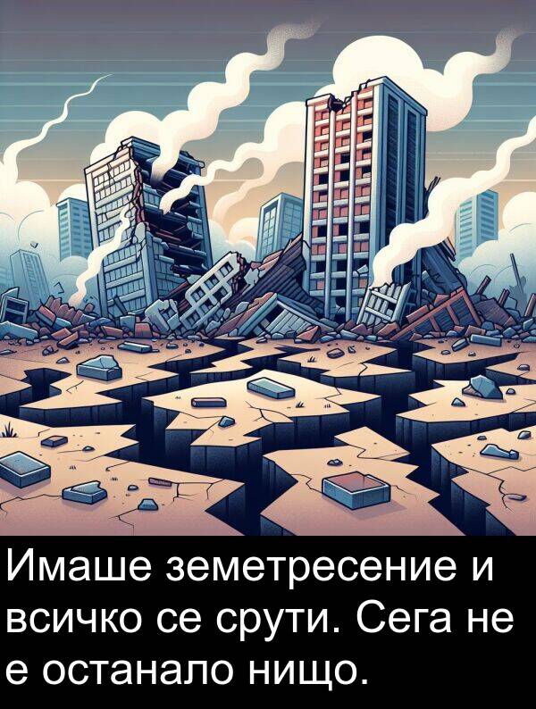 срути: Имаше земетресение и всичко се срути. Сега не е останало нищо.