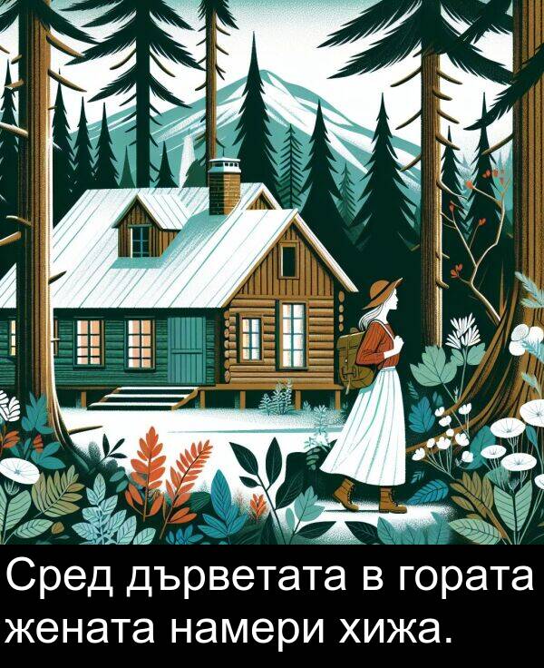 дърветата: Сред дърветата в гората жената намери хижа.