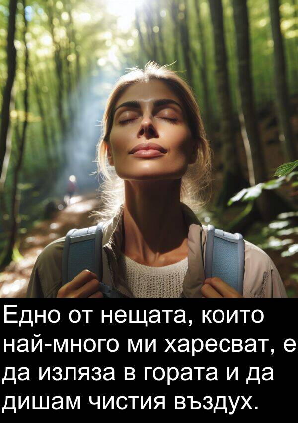 чистия: Едно от нещата, които най-много ми харесват, е да изляза в гората и да дишам чистия въздух.