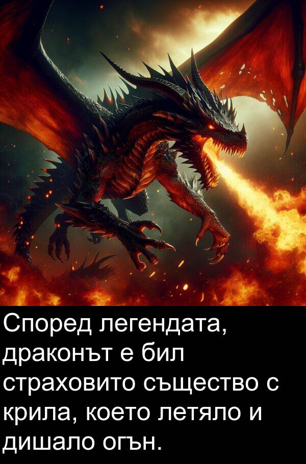 легендата: Според легендата, драконът е бил страховито същество с крила, което летяло и дишало огън.