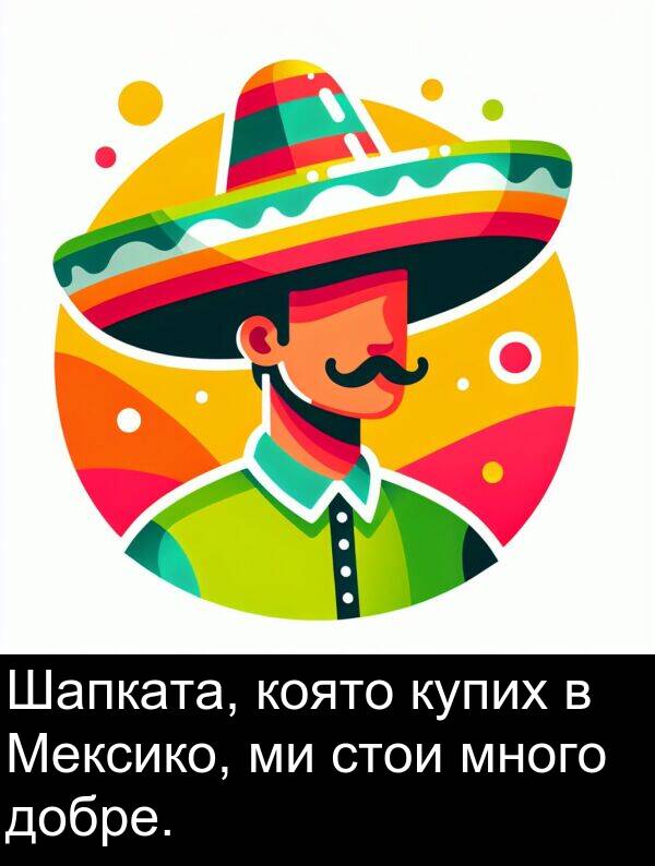 добре: Шапката, която купих в Мексико, ми стои много добре.