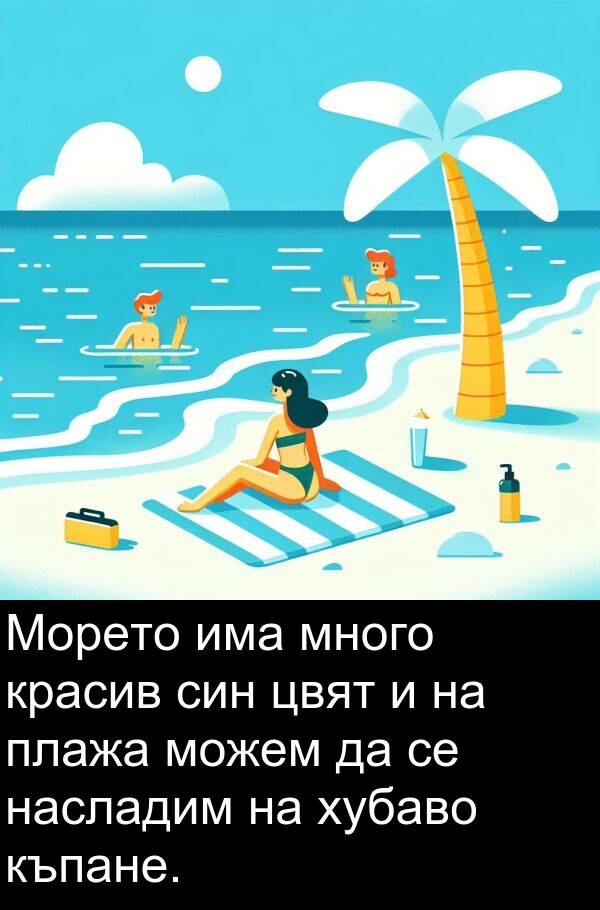 син: Морето има много красив син цвят и на плажа можем да се насладим на хубаво къпане.