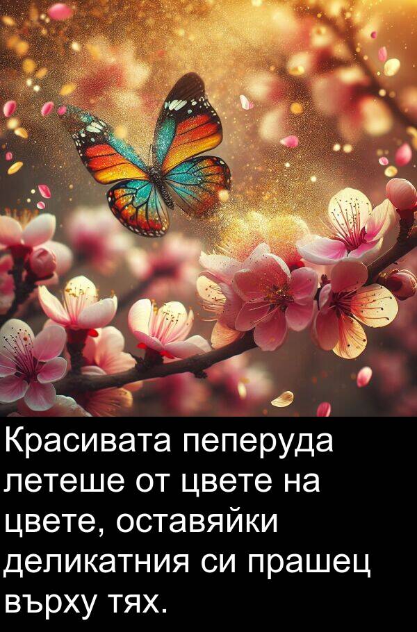 летеше: Красивата пеперуда летеше от цвете на цвете, оставяйки деликатния си прашец върху тях.