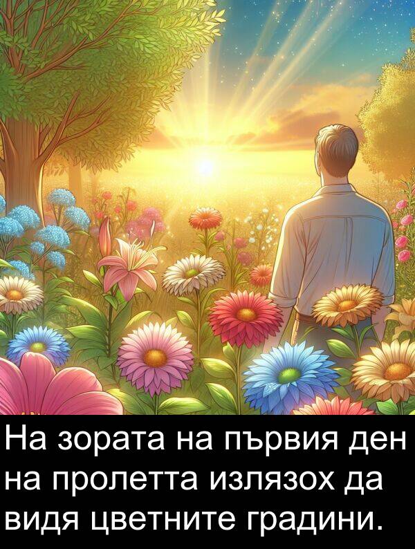 излязох: На зората на първия ден на пролетта излязох да видя цветните градини.