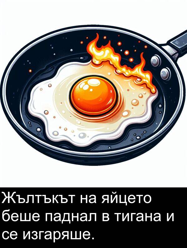 яйцето: Жълтъкът на яйцето беше паднал в тигана и се изгаряше.