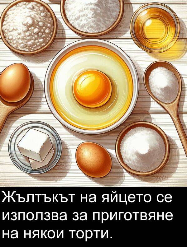 яйцето: Жълтъкът на яйцето се използва за приготвяне на някои торти.