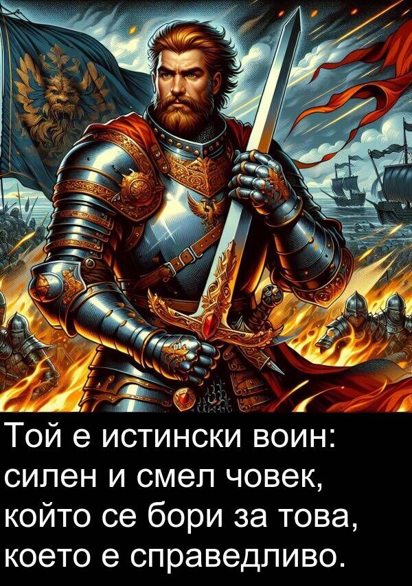 смел: Той е истински воин: силен и смел човек, който се бори за това, което е справедливо.