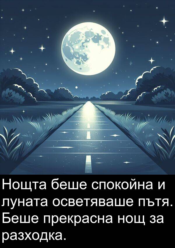 разходка: Нощта беше спокойна и луната осветяваше пътя. Беше прекрасна нощ за разходка.