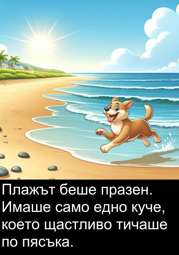 едно: Плажът беше празен. Имаше само едно куче, което щастливо тичаше по пясъка.