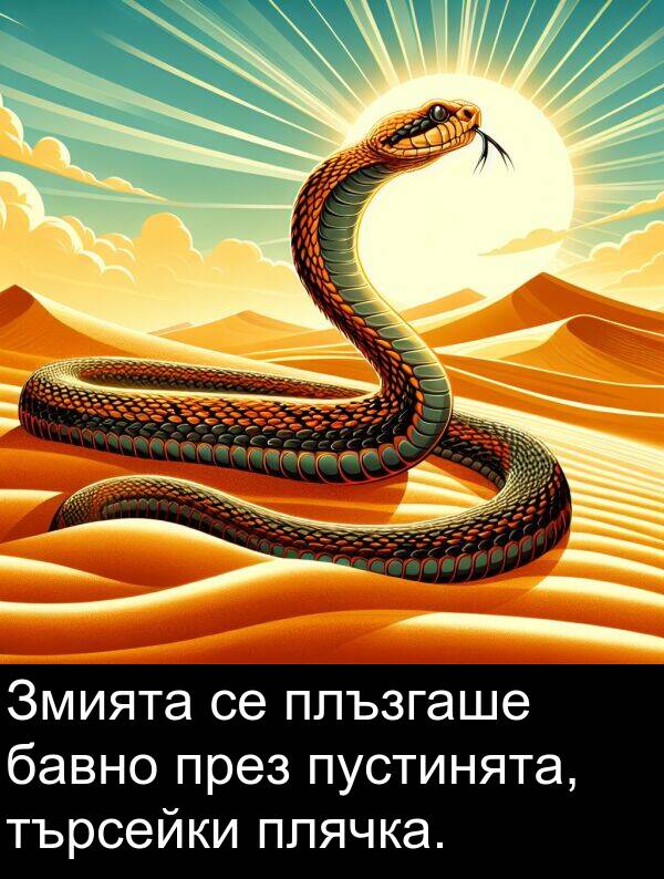 търсейки: Змията се плъзгаше бавно през пустинята, търсейки плячка.