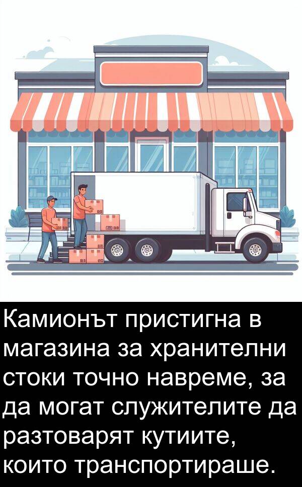 навреме: Камионът пристигна в магазина за хранителни стоки точно навреме, за да могат служителите да разтоварят кутиите, които транспортираше.