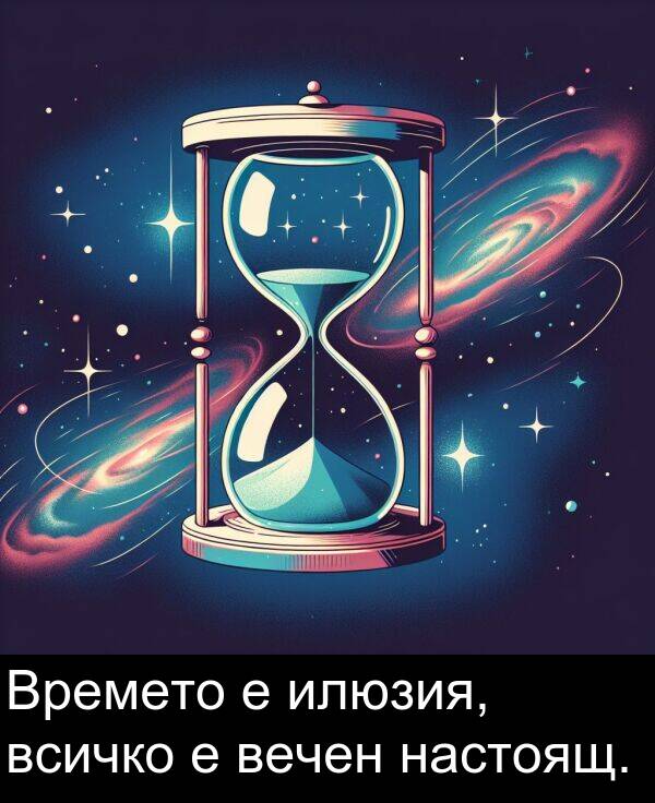 настоящ: Времето е илюзия, всичко е вечен настоящ.