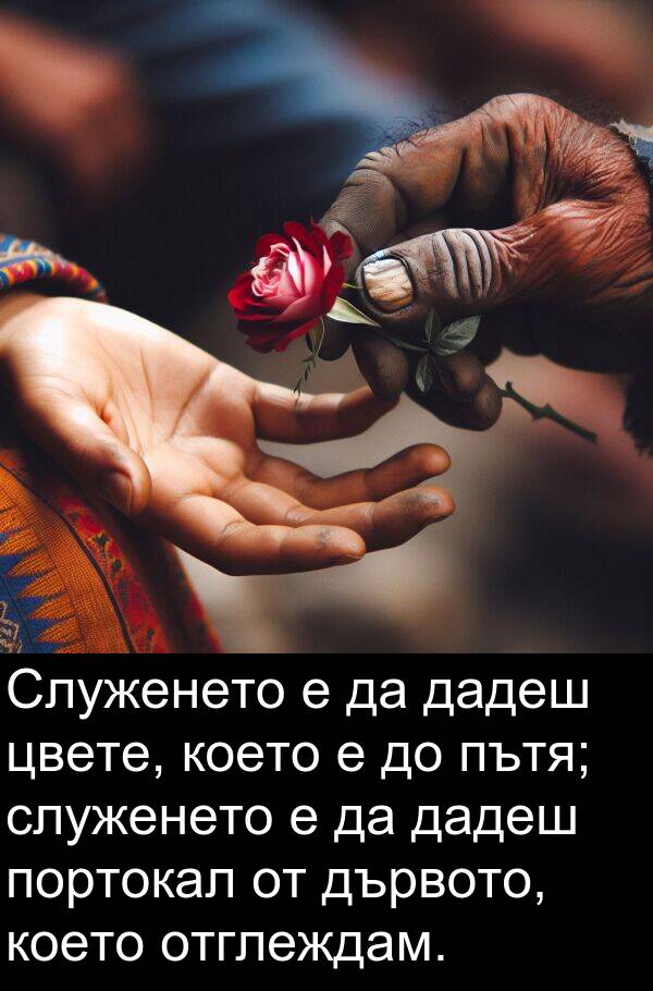 дадеш: Служенето е да дадеш цвете, което е до пътя; служенето е да дадеш портокал от дървото, което отглеждам.