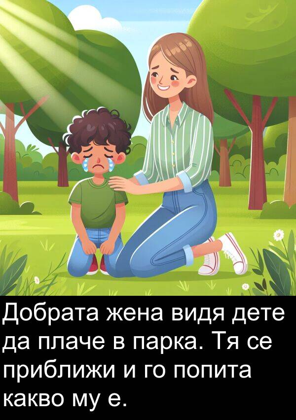 плаче: Добрата жена видя дете да плаче в парка. Тя се приближи и го попита какво му е.