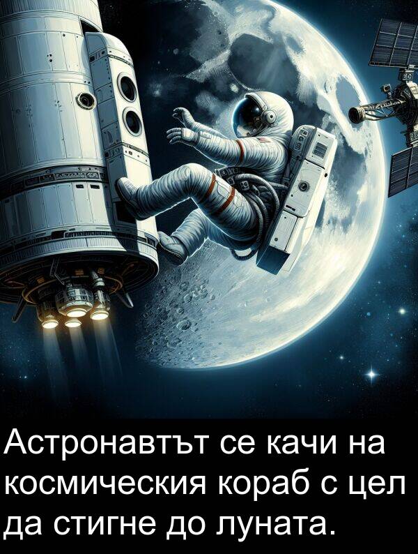стигне: Астронавтът се качи на космическия кораб с цел да стигне до луната.
