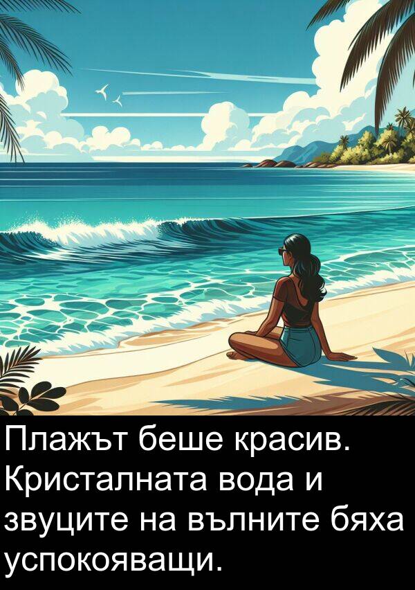бяха: Плажът беше красив. Кристалната вода и звуците на вълните бяха успокояващи.