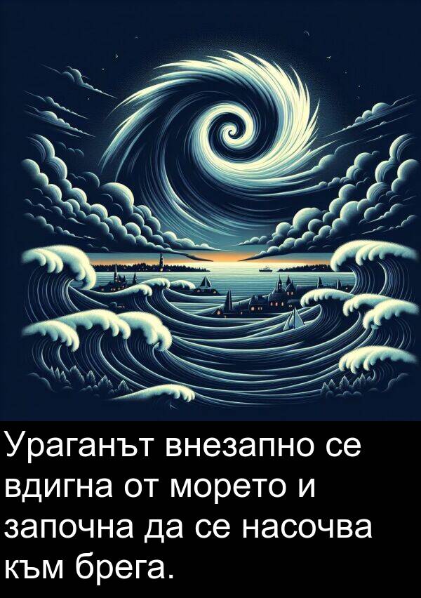 брега: Ураганът внезапно се вдигна от морето и започна да се насочва към брега.