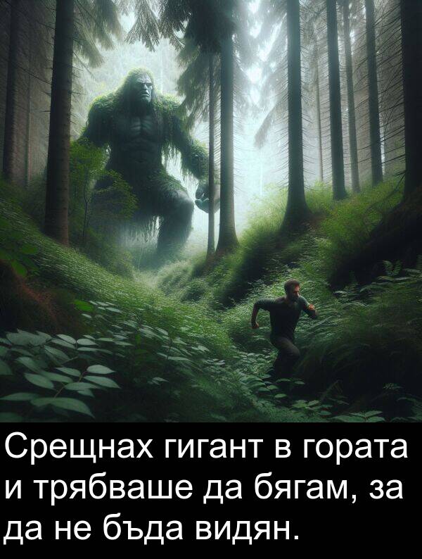 бягам: Срещнах гигант в гората и трябваше да бягам, за да не бъда видян.