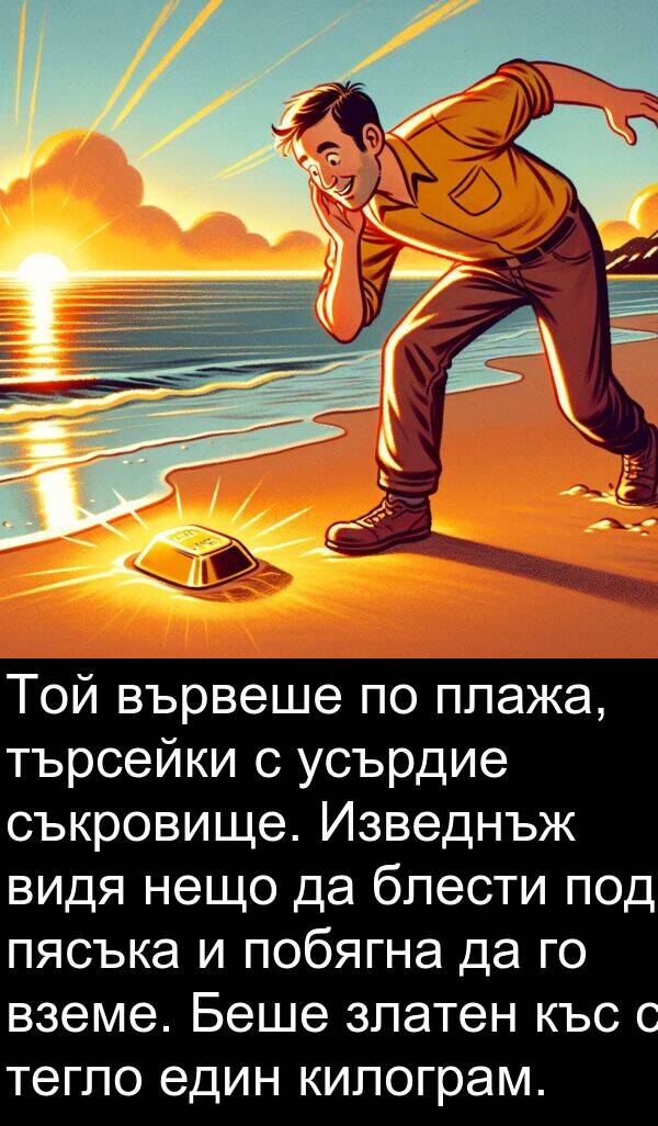търсейки: Той вървеше по плажа, търсейки с усърдие съкровище. Изведнъж видя нещо да блести под пясъка и побягна да го вземе. Беше златен къс с тегло един килограм.