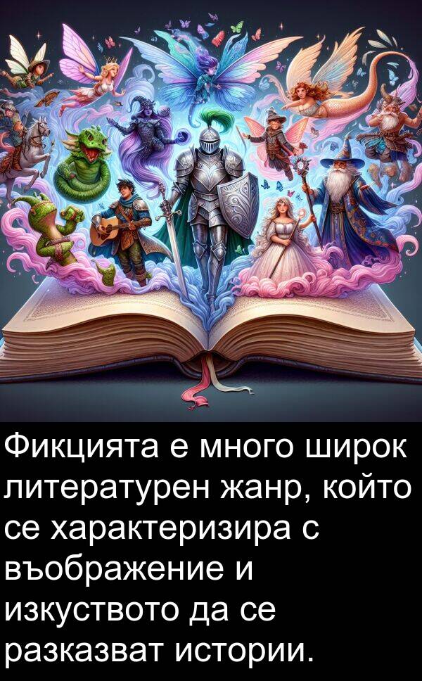 широк: Фикцията е много широк литературен жанр, който се характеризира с въображение и изкуството да се разказват истории.