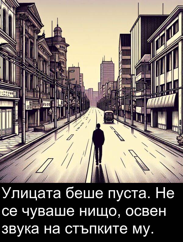 освен: Улицата беше пуста. Не се чуваше нищо, освен звука на стъпките му.