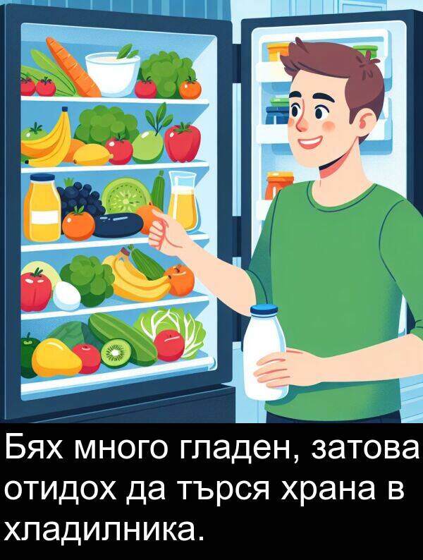 гладен: Бях много гладен, затова отидох да търся храна в хладилника.