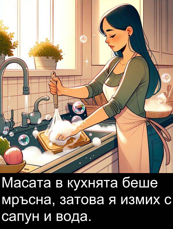 сапун: Масата в кухнята беше мръсна, затова я измих с сапун и вода.