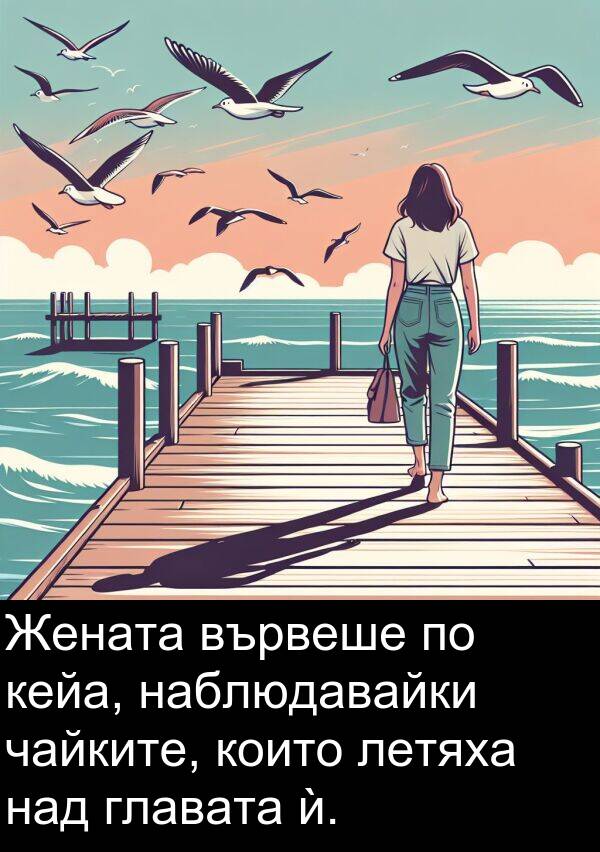 чайките: Жената вървеше по кейа, наблюдавайки чайките, които летяха над главата ѝ.