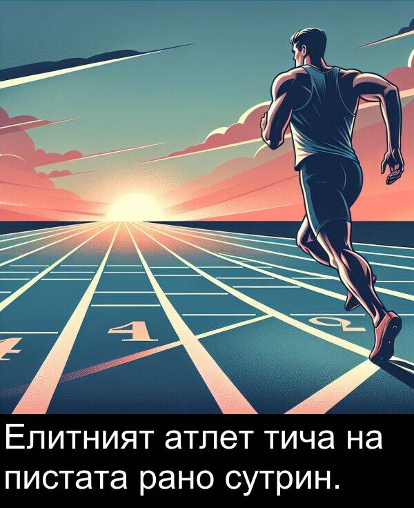 атлет: Елитният атлет тича на пистата рано сутрин.